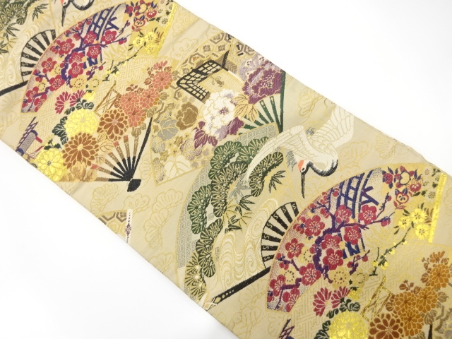 アンティーク　扇に鶴・御所車・松竹梅模様織り出し名古屋帯（着用可）